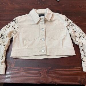 JOE'S Jean's Denim Jacket with Crochet Lace Sleeves in Ivory